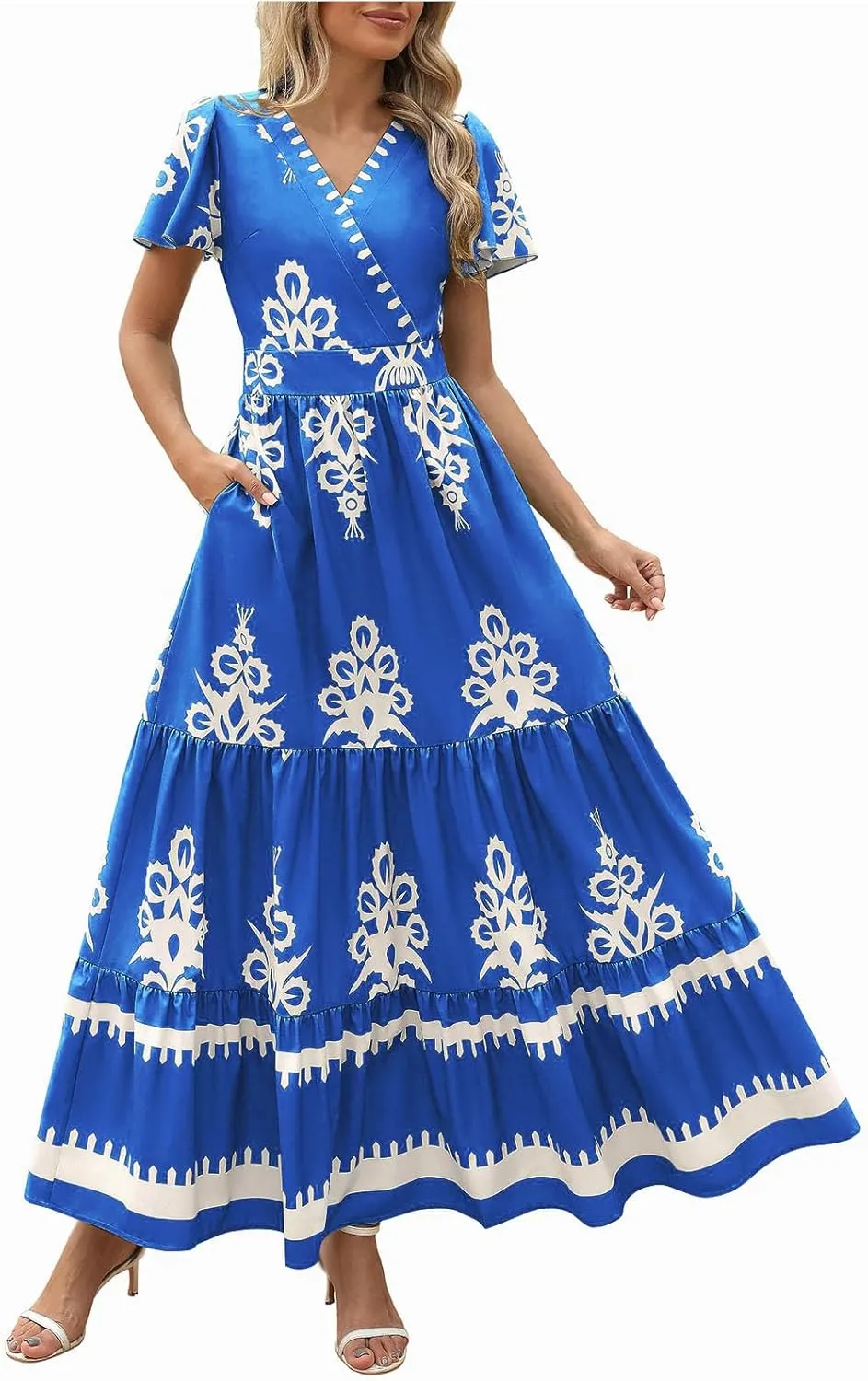Women Ethnic Floral Maxi Dress Summer Short Sleeve V Neck Flowy Aline Dress Retro Tiered Ruffle Dresses with Pockets