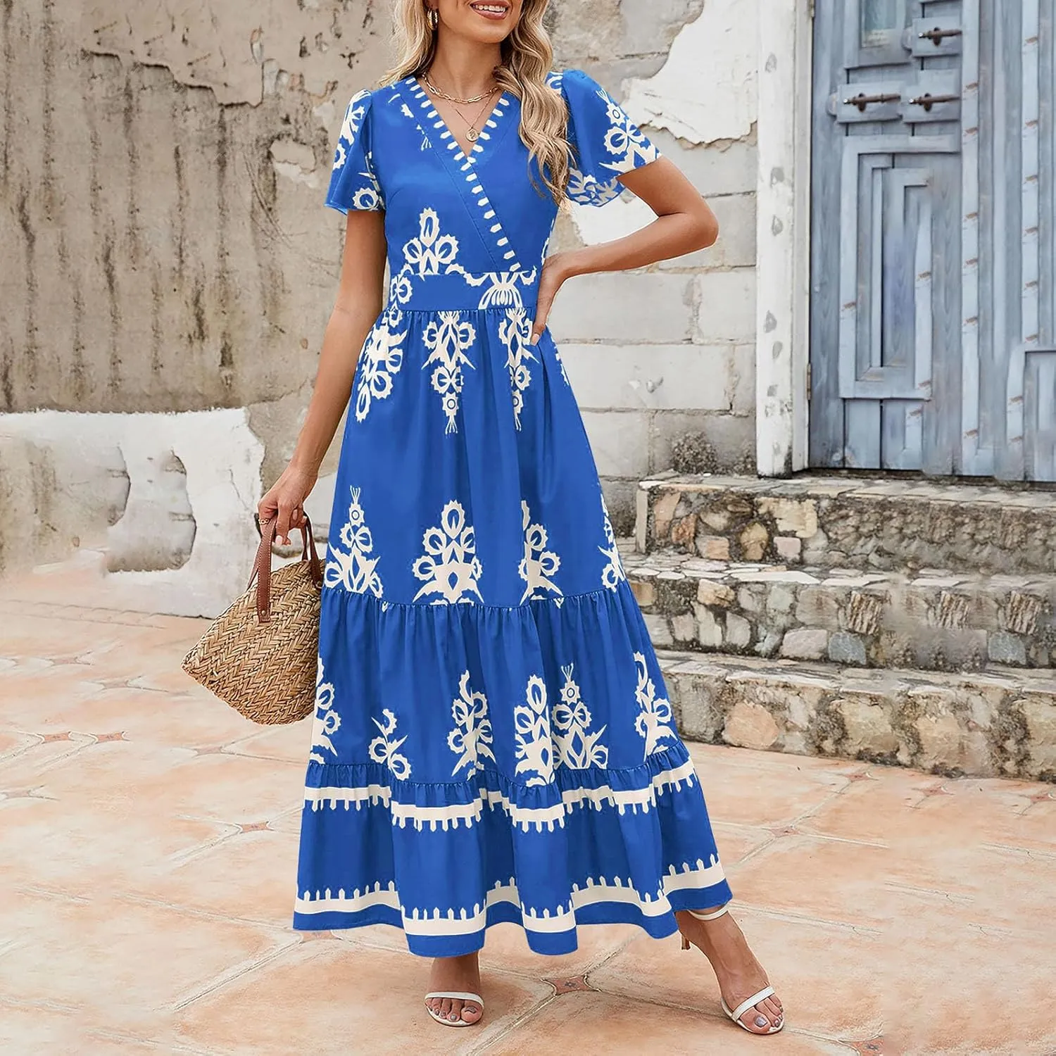 Women Ethnic Floral Maxi Dress Summer Short Sleeve V Neck Flowy Aline Dress Retro Tiered Ruffle Dresses with Pockets