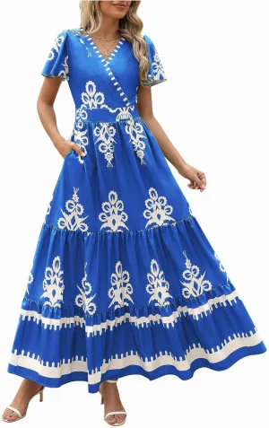 Women Ethnic Floral Maxi Dress Summer Short Sleeve V Neck Flowy Aline Dress Retro Tiered Ruffle Dresses with Pockets