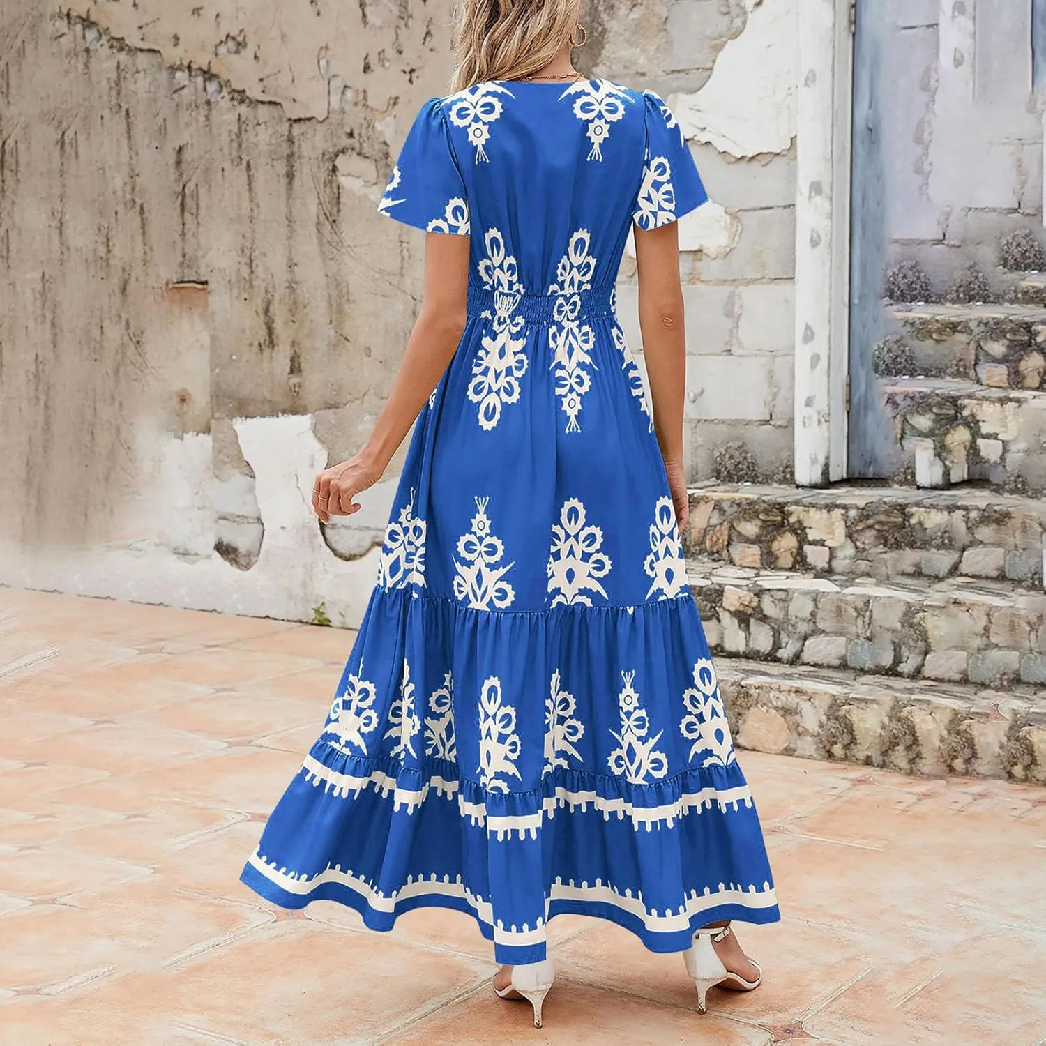 Women Ethnic Floral Maxi Dress Summer Short Sleeve V Neck Flowy Aline Dress Retro Tiered Ruffle Dresses with Pockets