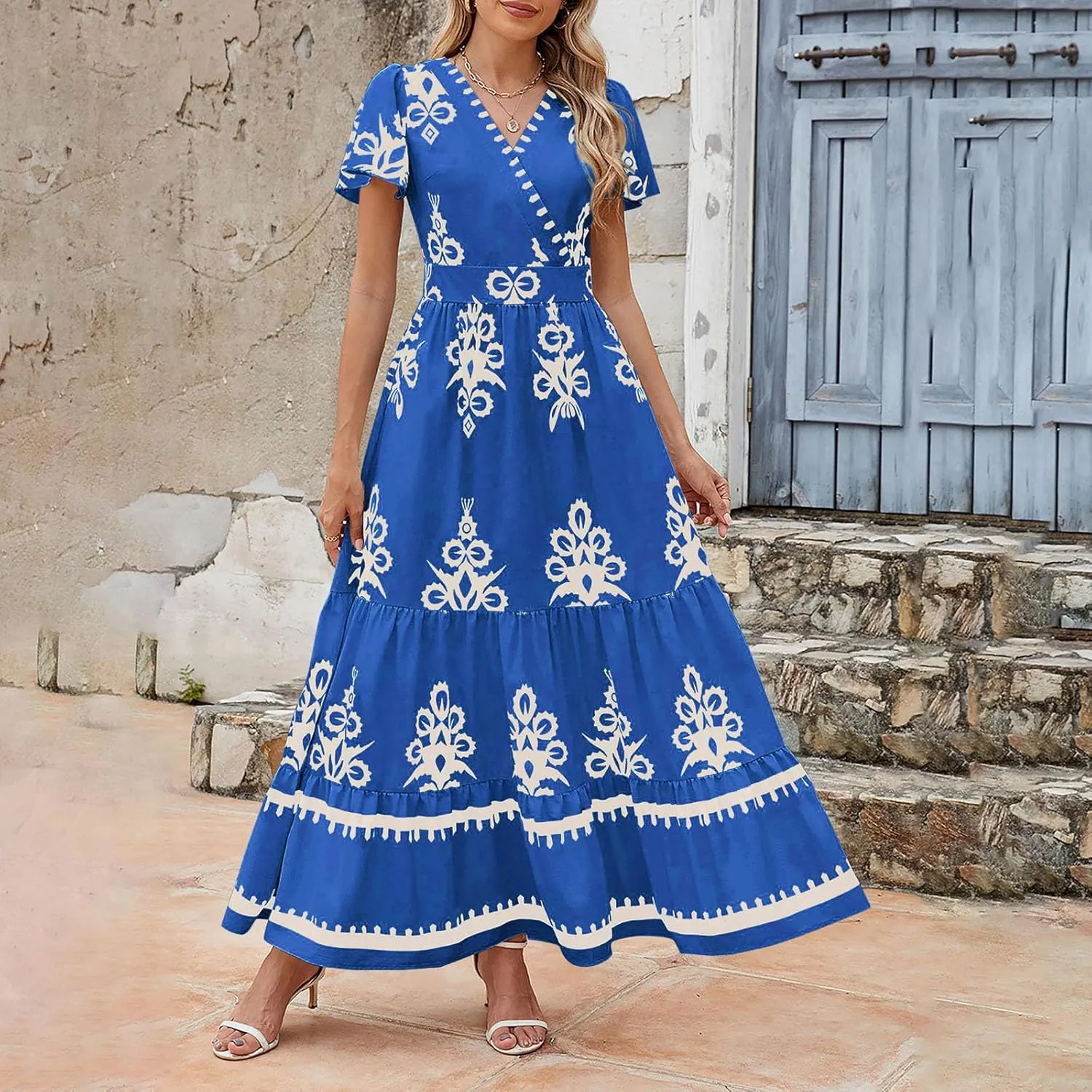 Women Ethnic Floral Maxi Dress Summer Short Sleeve V Neck Flowy Aline Dress Retro Tiered Ruffle Dresses with Pockets