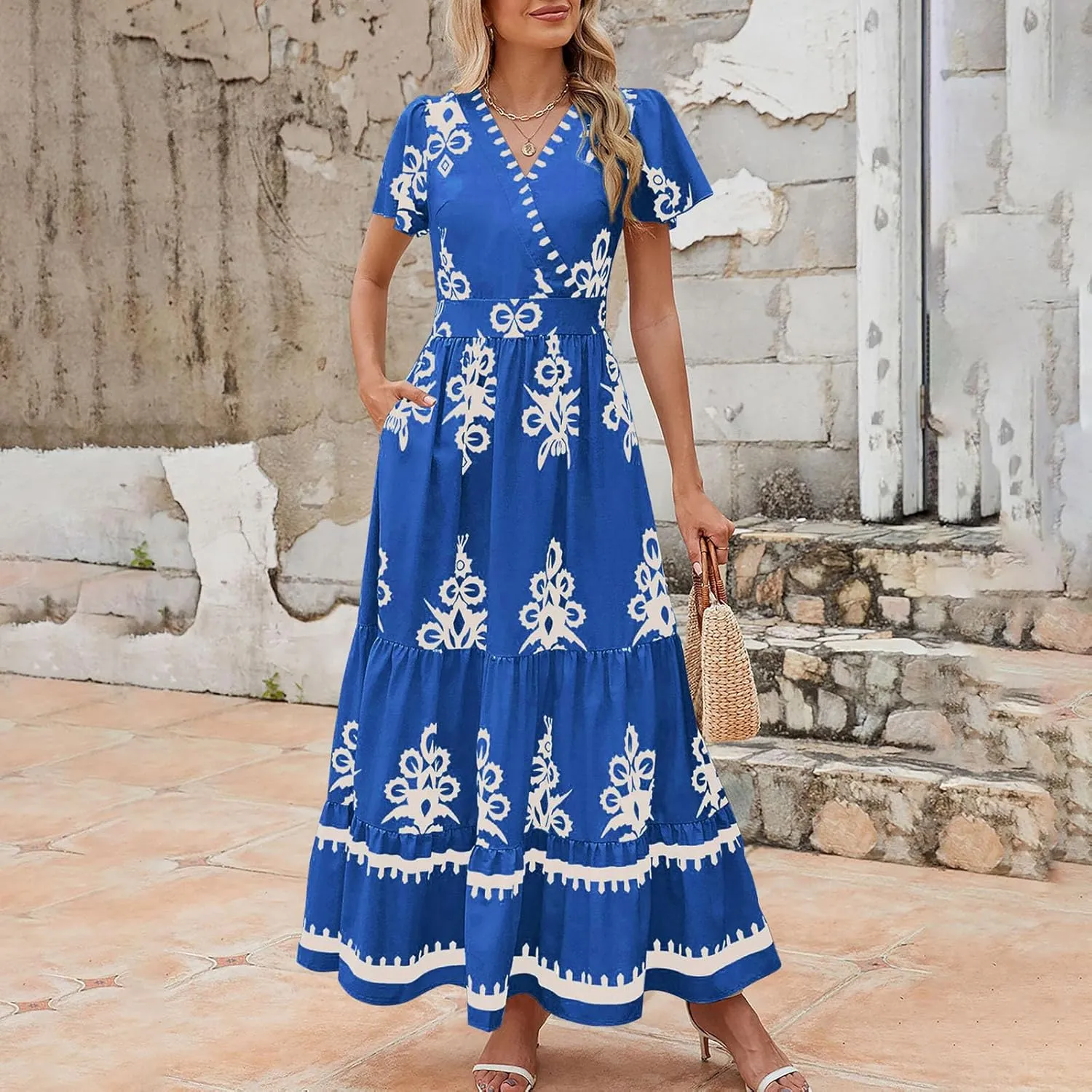 Women Ethnic Floral Maxi Dress Summer Short Sleeve V Neck Flowy Aline Dress Retro Tiered Ruffle Dresses with Pockets