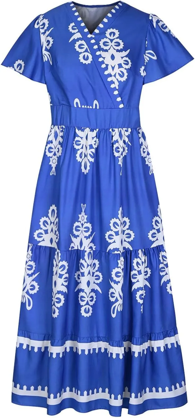 Women Ethnic Floral Maxi Dress Summer Short Sleeve V Neck Flowy Aline Dress Retro Tiered Ruffle Dresses with Pockets