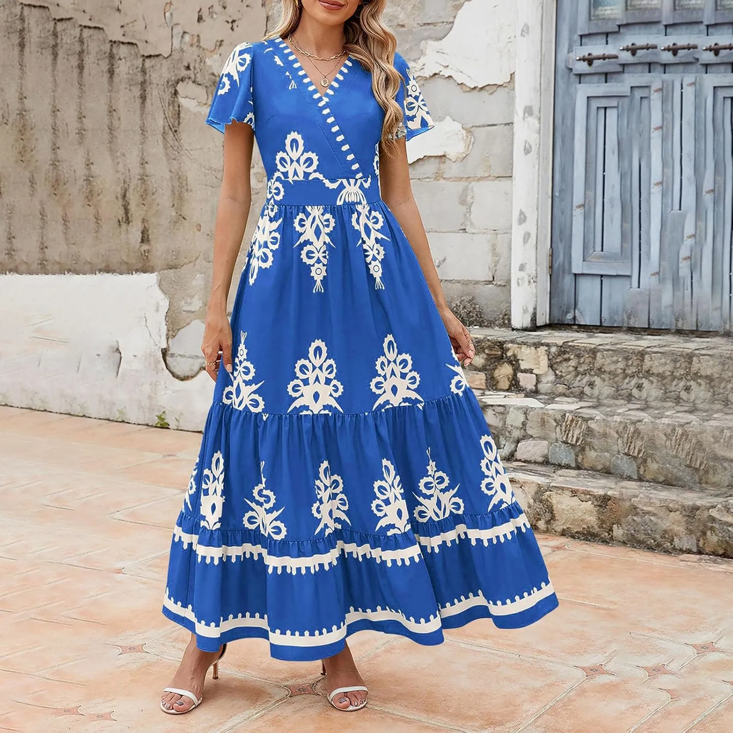 Women Ethnic Floral Maxi Dress Summer Short Sleeve V Neck Flowy Aline Dress Retro Tiered Ruffle Dresses with Pockets