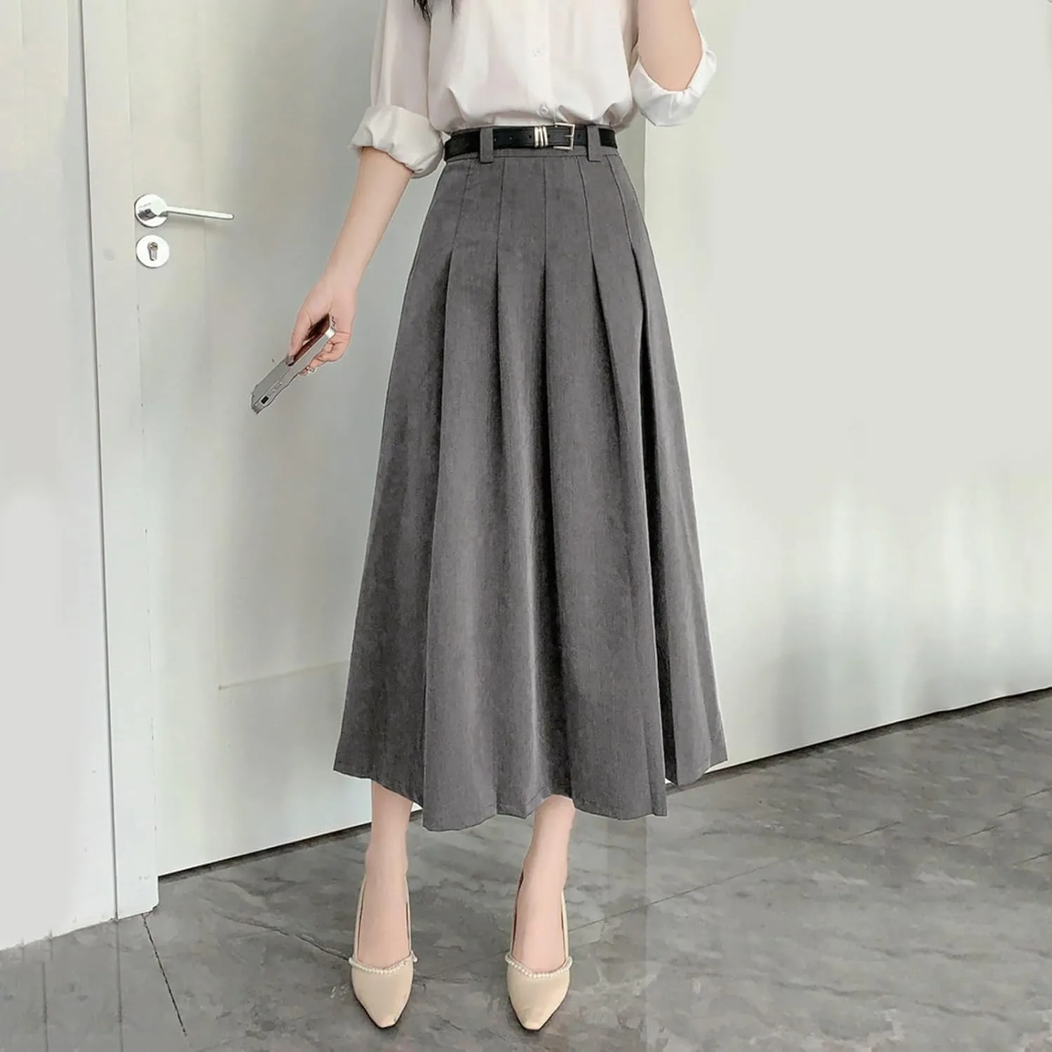 Women Fashion Casual Mid Length Suit Skirt A Line High Waisted Pleated Skirt Daily Costume Half Suit Skirt for