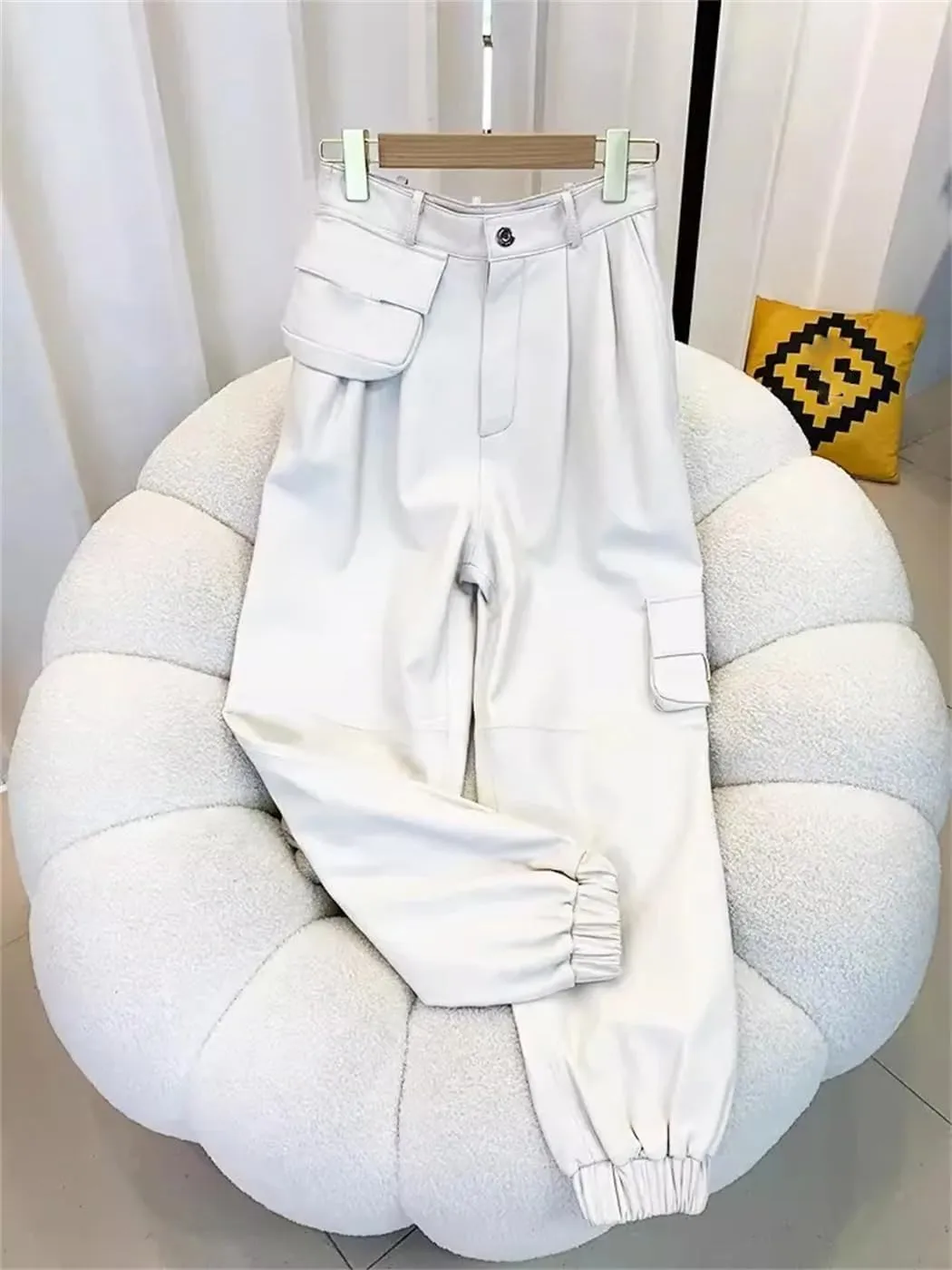 Women High Waist Leather Pants Cargo Pants Casual Ankle Length Punk Female Motorcycle Trousers