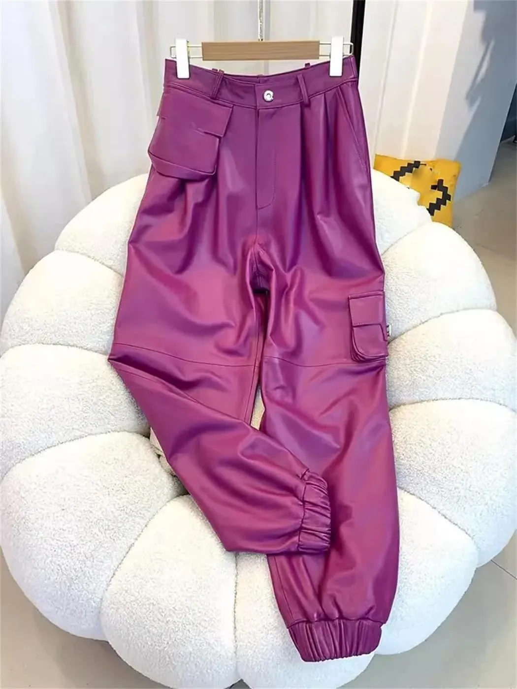Women High Waist Leather Pants Cargo Pants Casual Ankle Length Punk Female Motorcycle Trousers