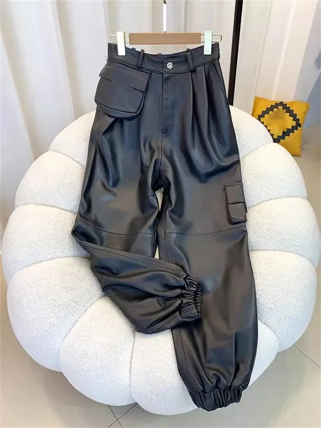 Women High Waist Leather Pants Cargo Pants Casual Ankle Length Punk Female Motorcycle Trousers
