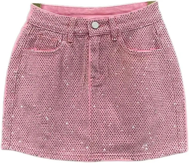 Women Jean Mini Skirt Pink Denim Short Pantskirt High Waisted Slimming Hip-Wrapped Skirts