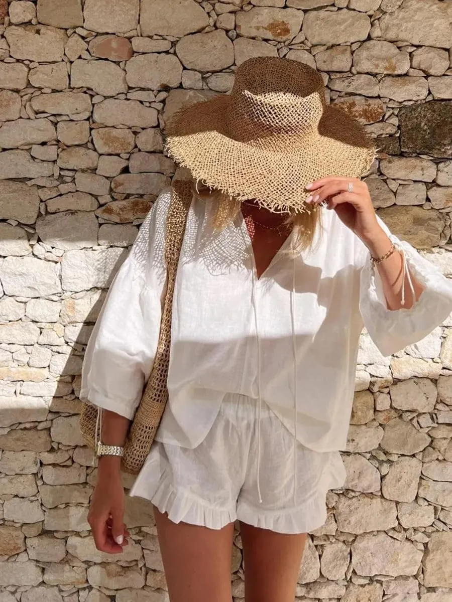Women Lace Up V-neck Long Puff Sleeve Blouse Ruffles Shorts Sets Summer Casual Vacation Boho 2 Piece Outfits