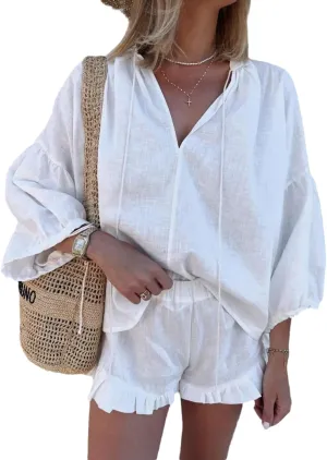 Women Lace Up V-neck Long Puff Sleeve Blouse Ruffles Shorts Sets Summer Casual Vacation Boho 2 Piece Outfits