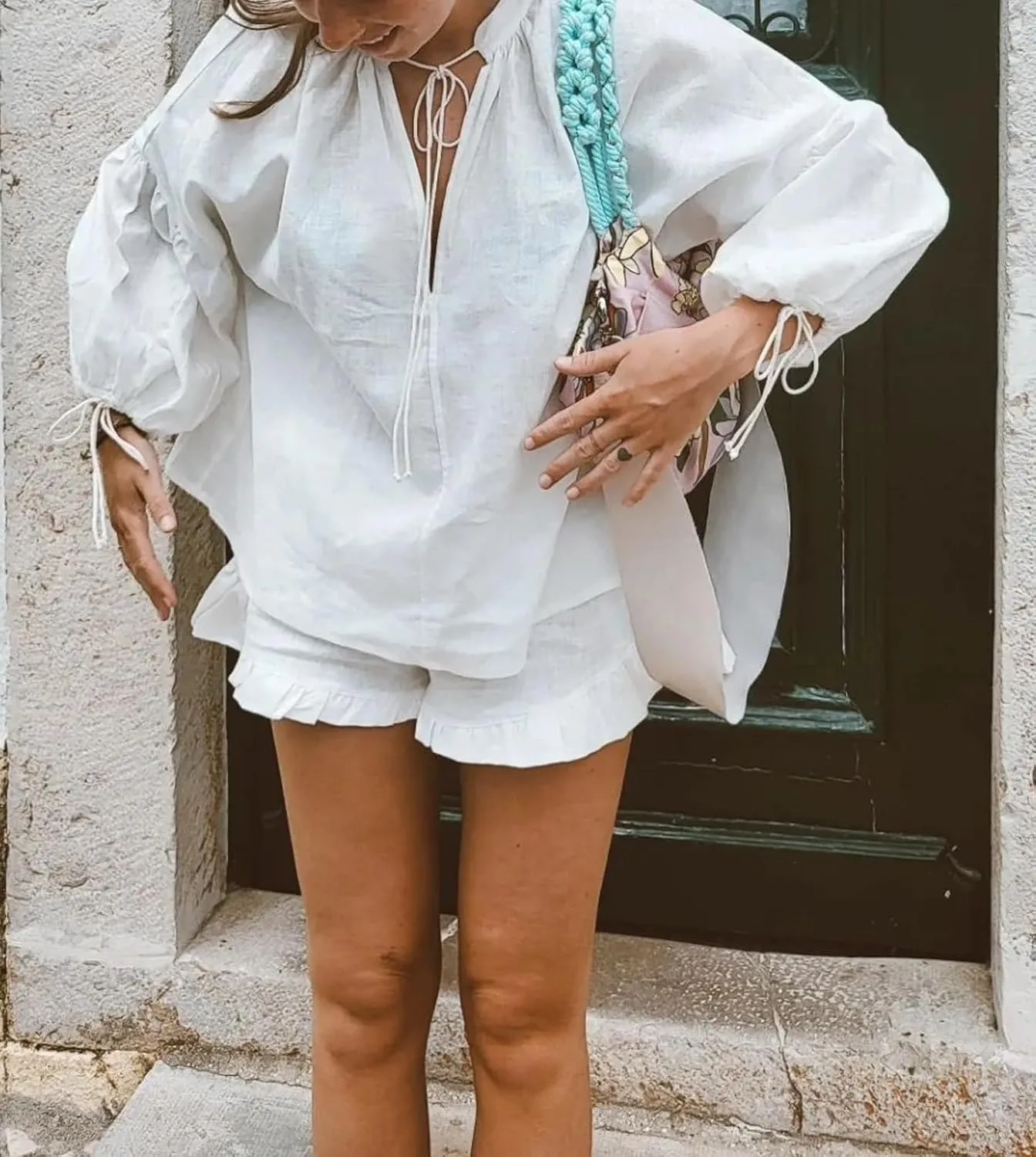 Women Lace Up V-neck Long Puff Sleeve Blouse Ruffles Shorts Sets Summer Casual Vacation Boho 2 Piece Outfits