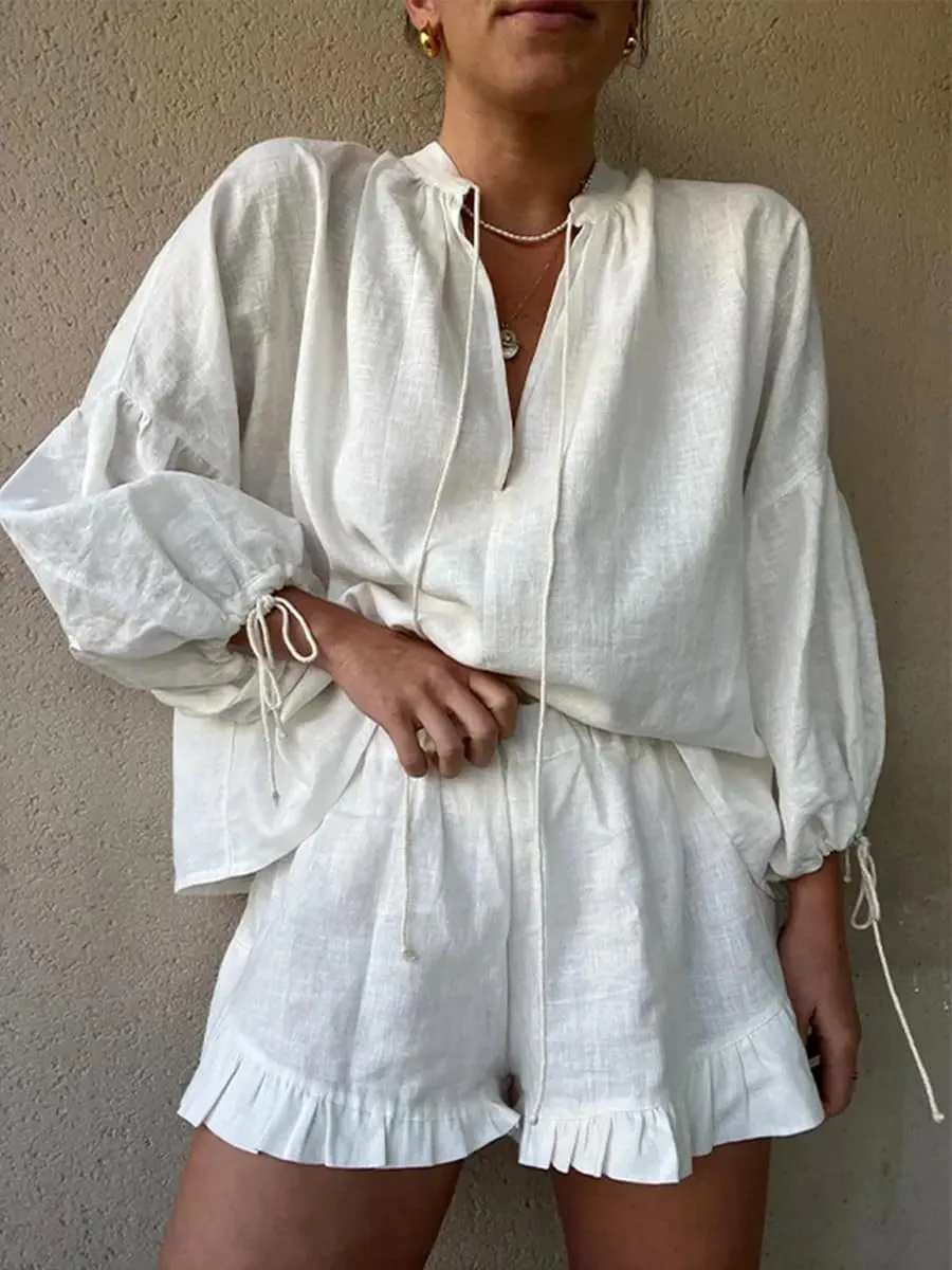 Women Lace Up V-neck Long Puff Sleeve Blouse Ruffles Shorts Sets Summer Casual Vacation Boho 2 Piece Outfits