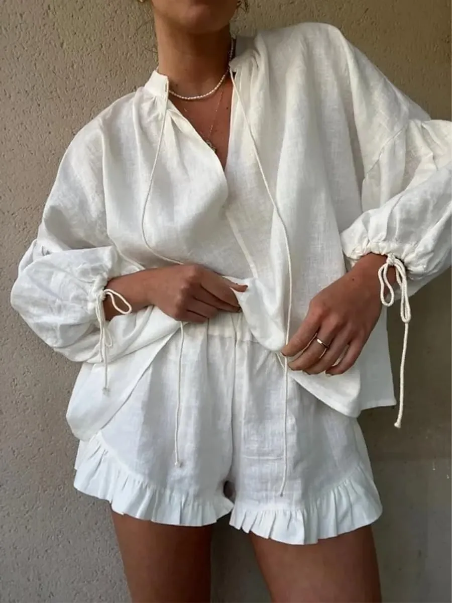 Women Lace Up V-neck Long Puff Sleeve Blouse Ruffles Shorts Sets Summer Casual Vacation Boho 2 Piece Outfits