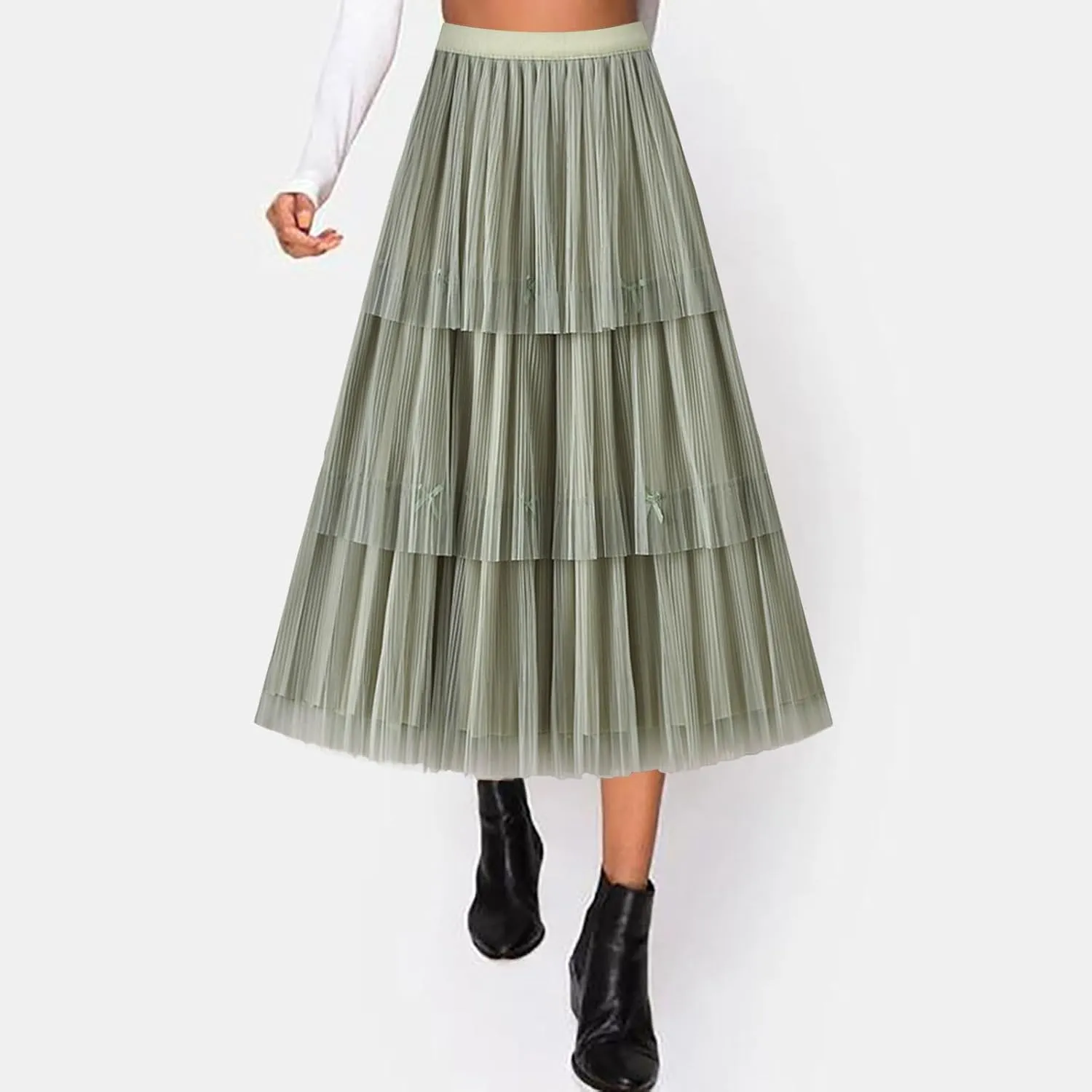 Women Mid Length Skirt Dance Party A Line High Waisted Bowknot Tulle Skirt Holiday Party Sweater Outfits for