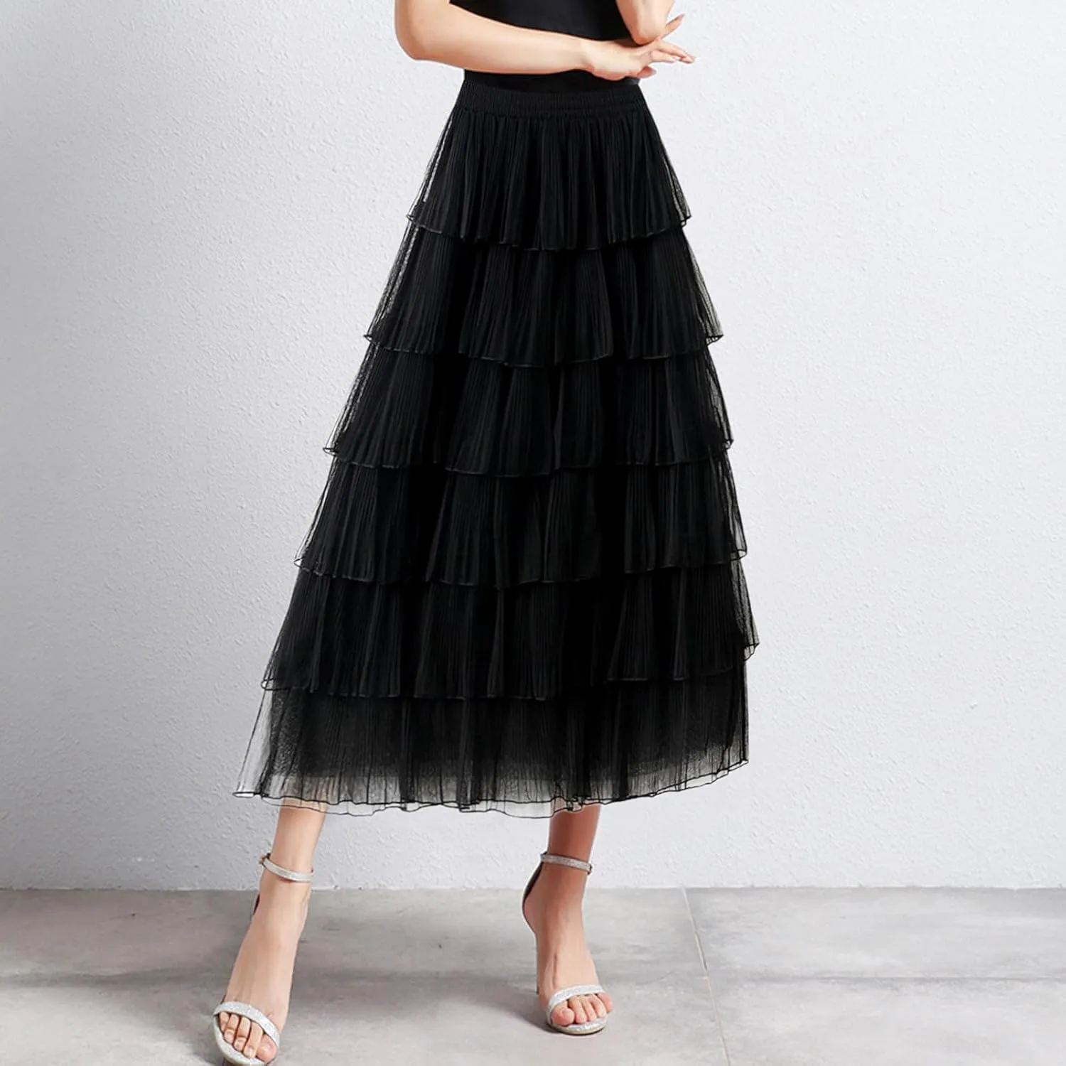 Women Mid Length Skirt Dance Party A Line High Waisted Tulle Tiered Skirt Holiday Party Little Girls Leather