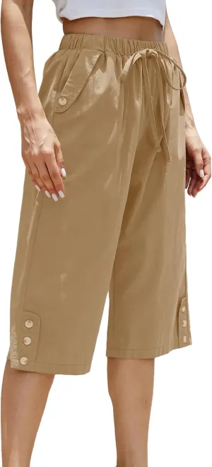 Women Pocket Pants Lightweight Wide Leg Drawstring Elastic Waist Yoga Lounge Cropped Pants