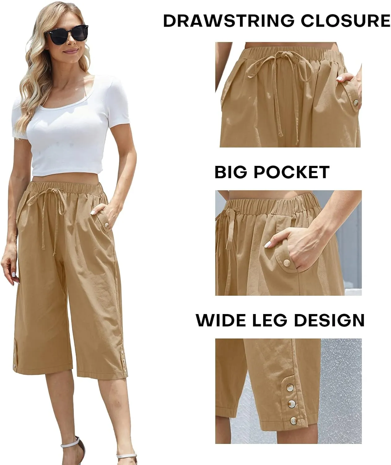 Women Pocket Pants Lightweight Wide Leg Drawstring Elastic Waist Yoga Lounge Cropped Pants