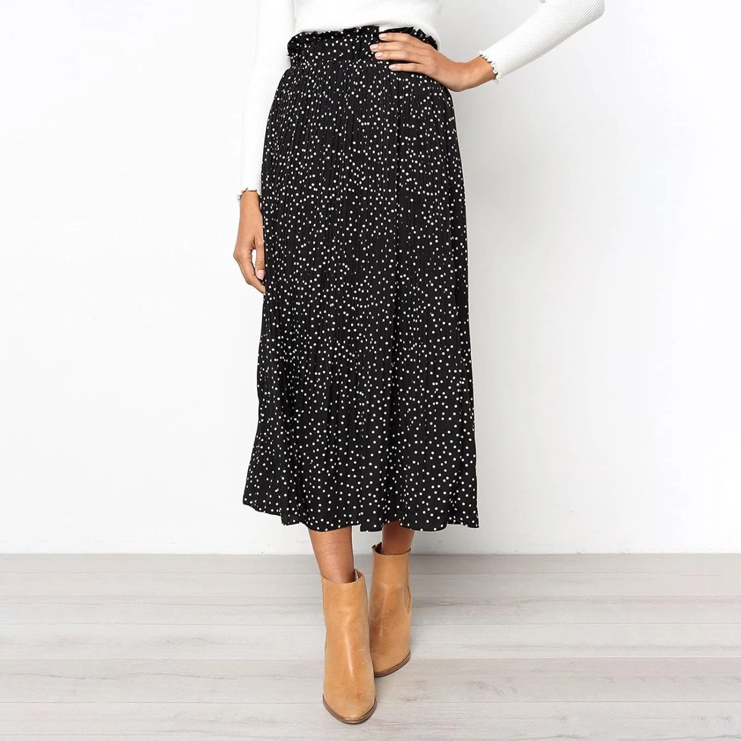 Women Polka Dot Pleated Maxi Skirt Elastic High Waist Flowy A Line Long Skirt Vintage Gingham Swing Midi Skirt