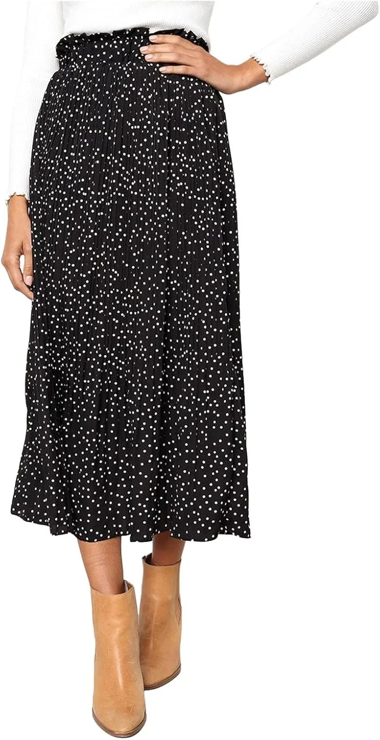 Women Polka Dot Pleated Maxi Skirt Elastic High Waist Flowy A Line Long Skirt Vintage Gingham Swing Midi Skirt