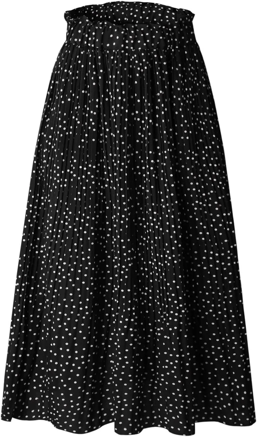 Women Polka Dot Pleated Maxi Skirt Elastic High Waist Flowy A Line Long Skirt Vintage Gingham Swing Midi Skirt