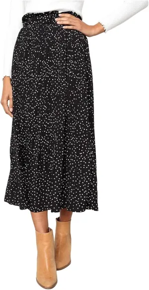 Women Polka Dot Pleated Maxi Skirt Elastic High Waist Flowy A Line Long Skirt Vintage Gingham Swing Midi Skirt
