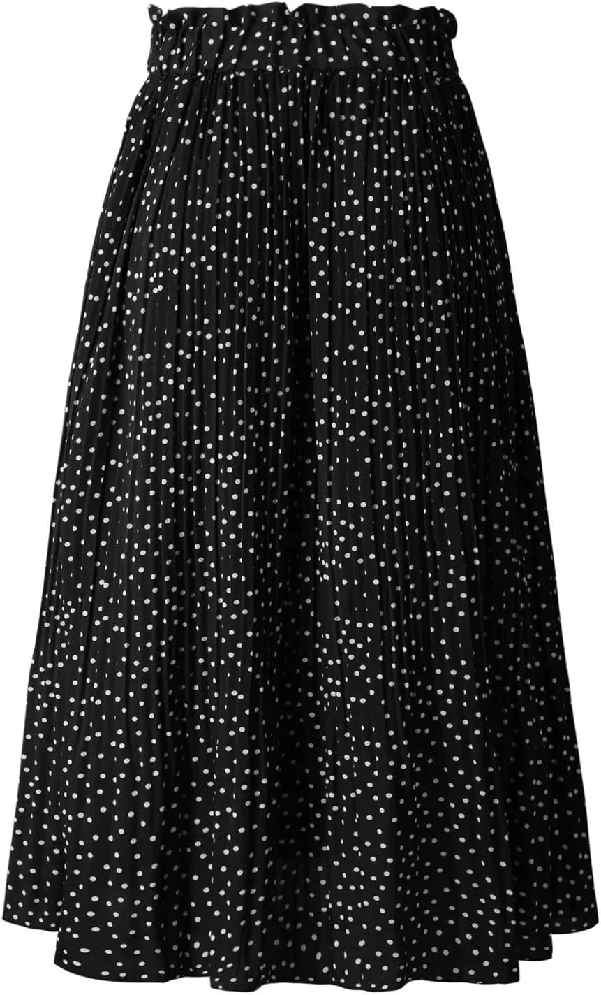 Women Polka Dot Pleated Maxi Skirt Elastic High Waist Flowy A Line Long Skirt Vintage Gingham Swing Midi Skirt