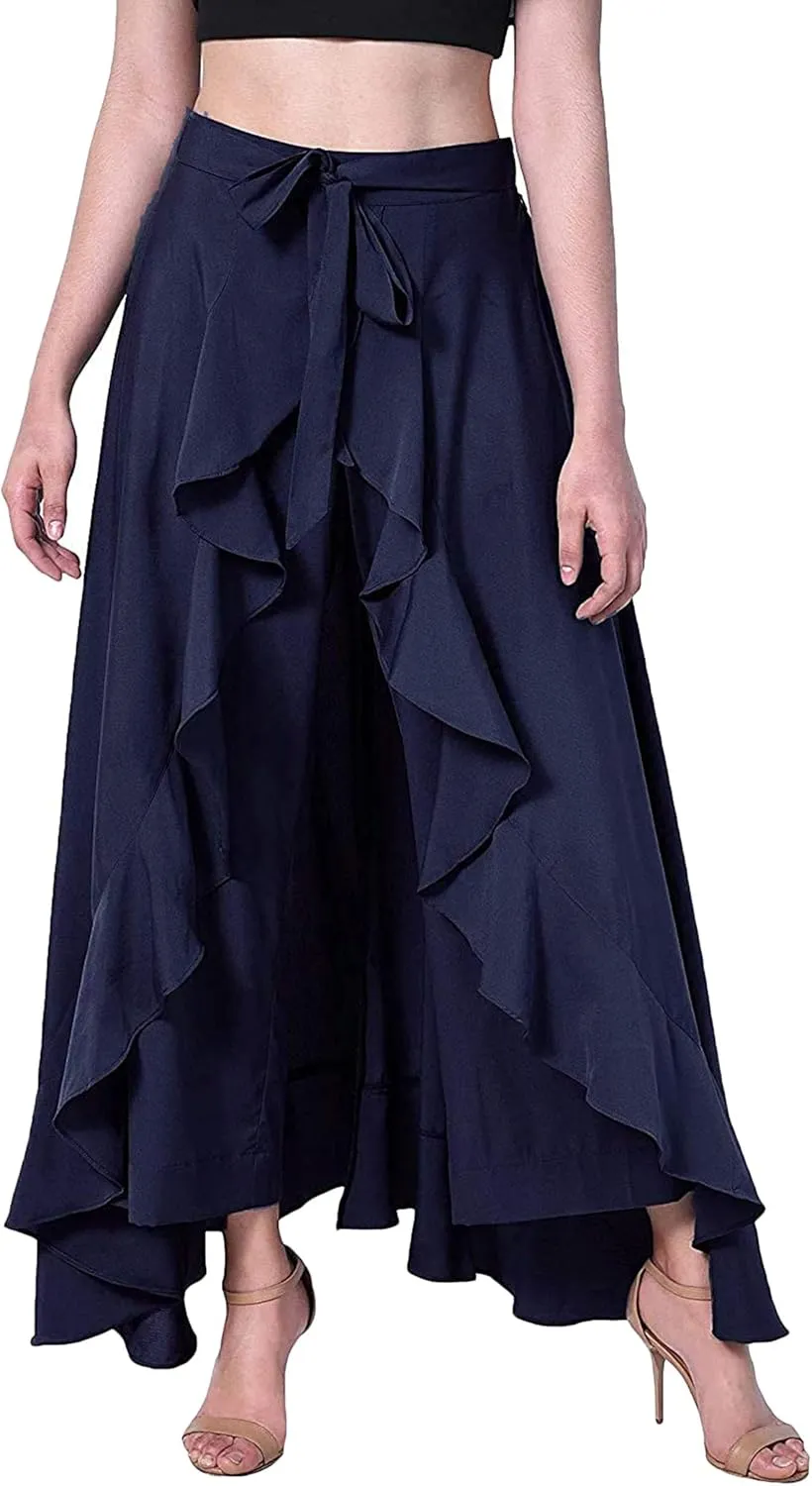 Women Ruffle Pants Split High Waist Maxi Long Crepe Palazzo Overlay Pant Skirt Night Club Cocktail Party Gift
