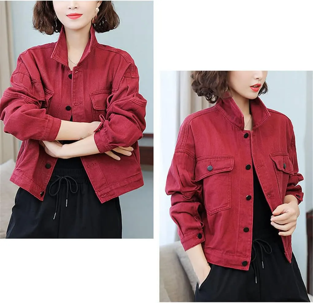 Women Short Denim Jacket Fashion Cropped Loose Jean Single-Breasted Casual Cargo Coat