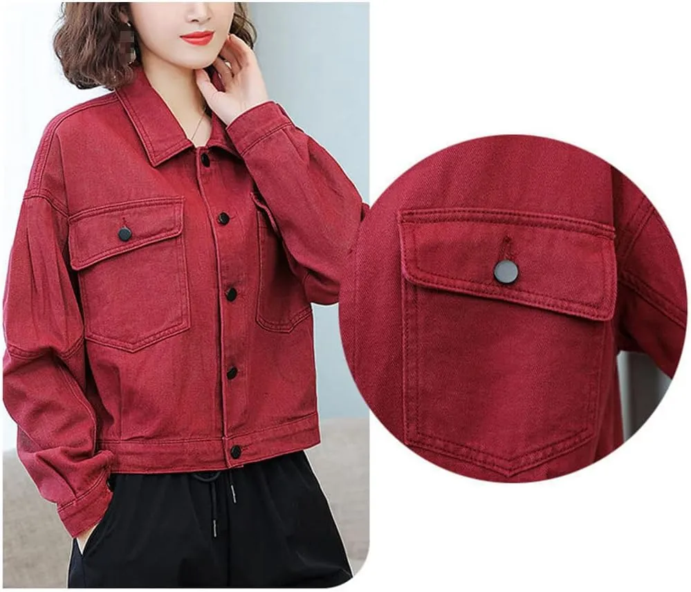 Women Short Denim Jacket Fashion Cropped Loose Jean Single-Breasted Casual Cargo Coat