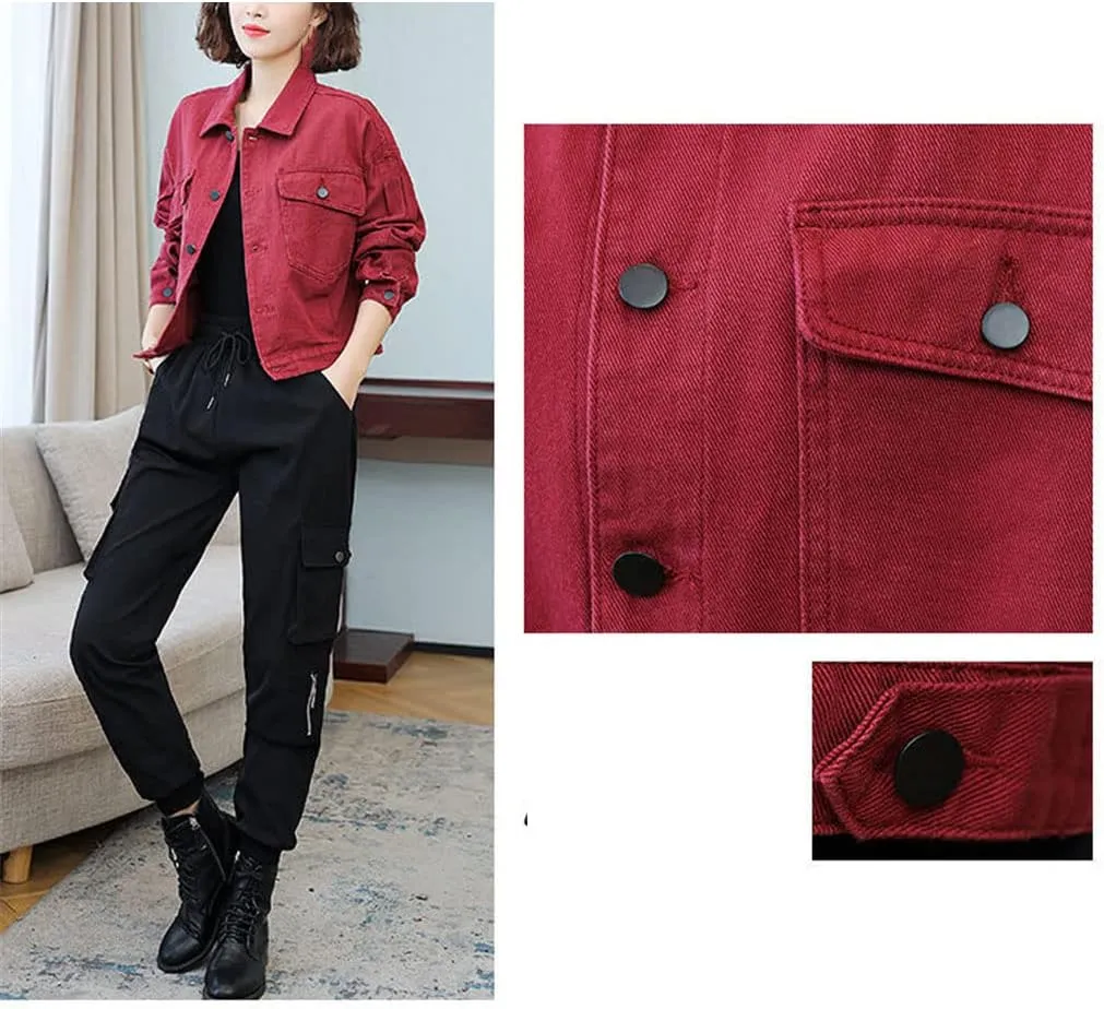 Women Short Denim Jacket Fashion Cropped Loose Jean Single-Breasted Casual Cargo Coat