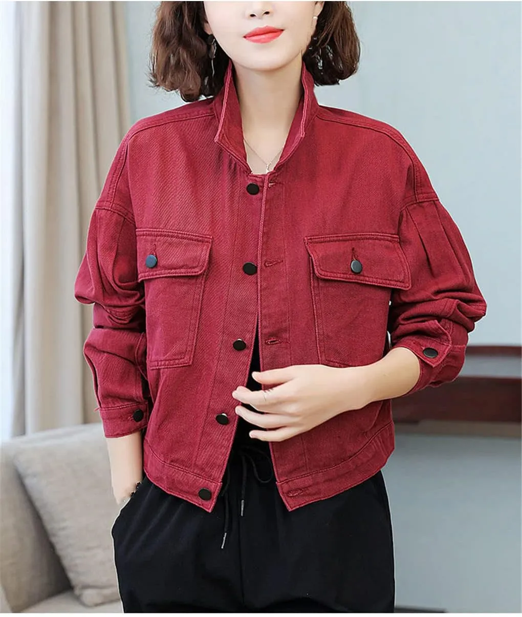 Women Short Denim Jacket Fashion Cropped Loose Jean Single-Breasted Casual Cargo Coat