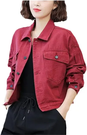 Women Short Denim Jacket Fashion Cropped Loose Jean Single-Breasted Casual Cargo Coat