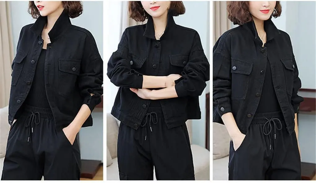 Women Short Denim Jacket Fashion Cropped Loose Jean Single-Breasted Casual Cargo Coat