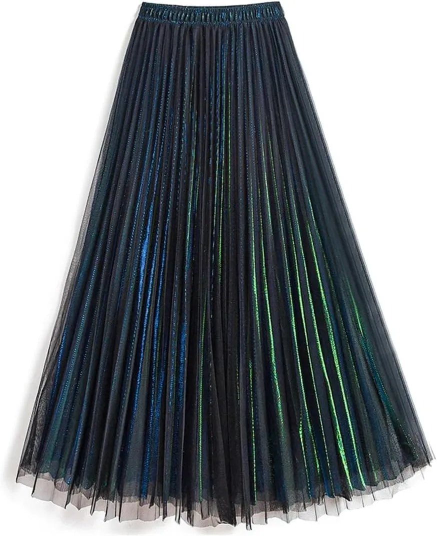Women Spring Fall Pleated Midi Skirt High Waist Elasticity Casual Party Maxi Long Skirt