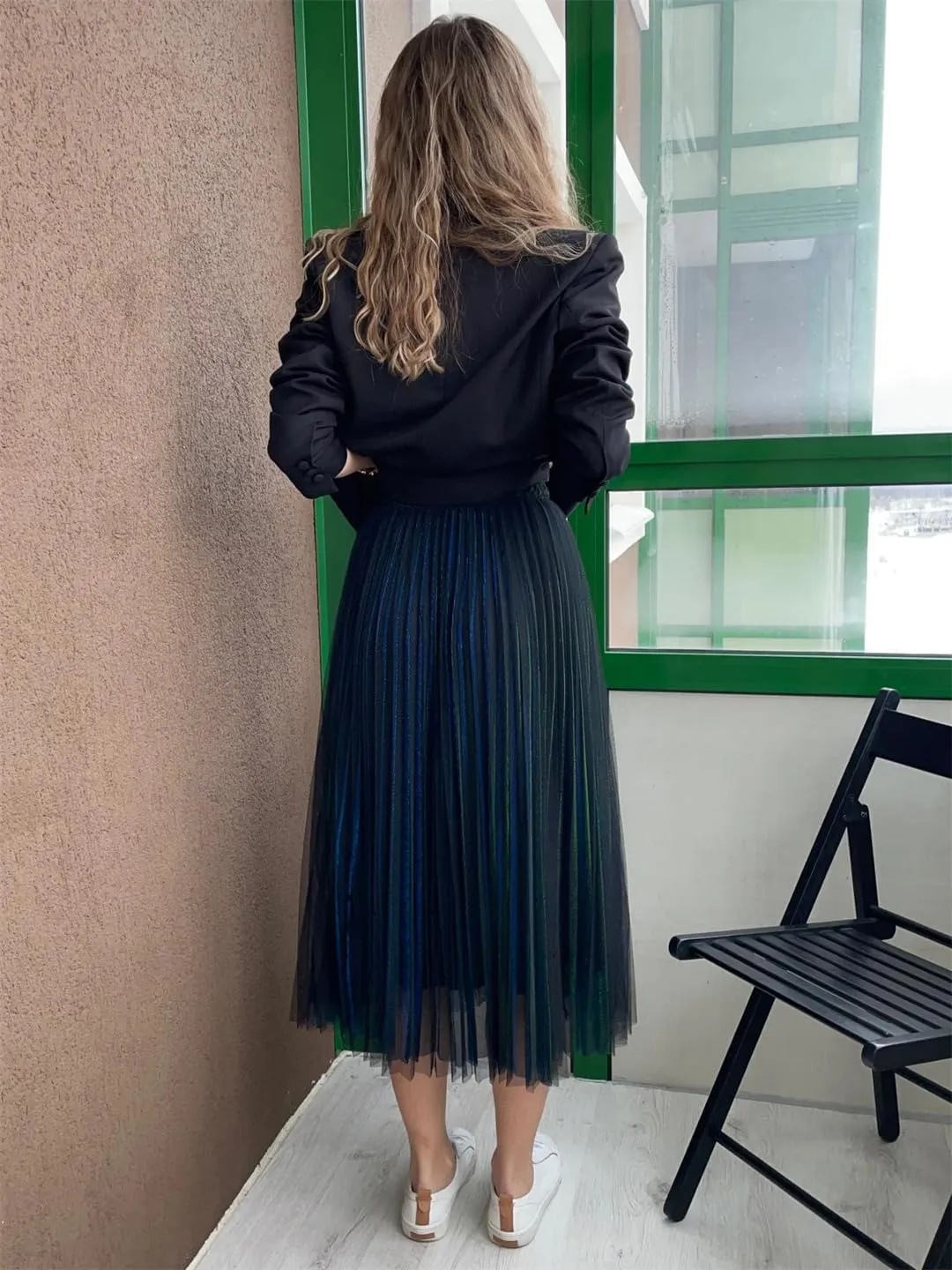 Women Spring Fall Pleated Midi Skirt High Waist Elasticity Casual Party Maxi Long Skirt
