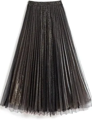 Women Spring Fall Pleated Midi Skirt High Waist Elasticity Casual Party Maxi Long Skirt