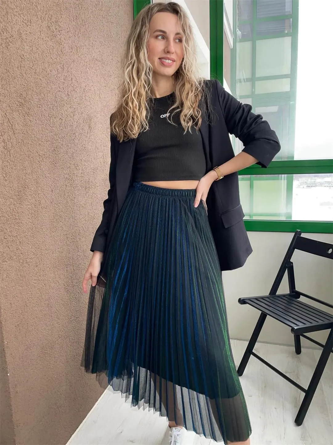 Women Spring Fall Pleated Midi Skirt High Waist Elasticity Casual Party Maxi Long Skirt