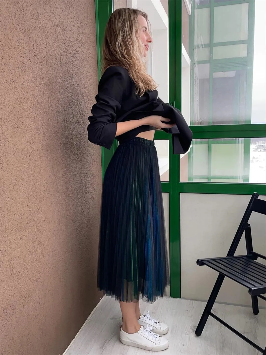 Women Spring Fall Pleated Midi Skirt High Waist Elasticity Casual Party Maxi Long Skirt