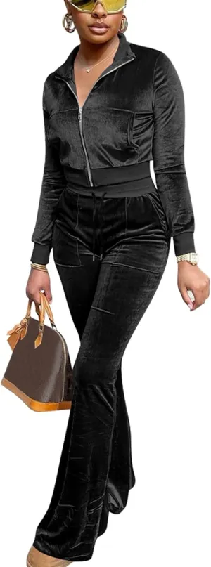 Women Velour Sweat Suits 2 Piece Outfits Tracksuits Long Sleeve Zip Up Jacket Flare Pants Cute Casual Matching Suit