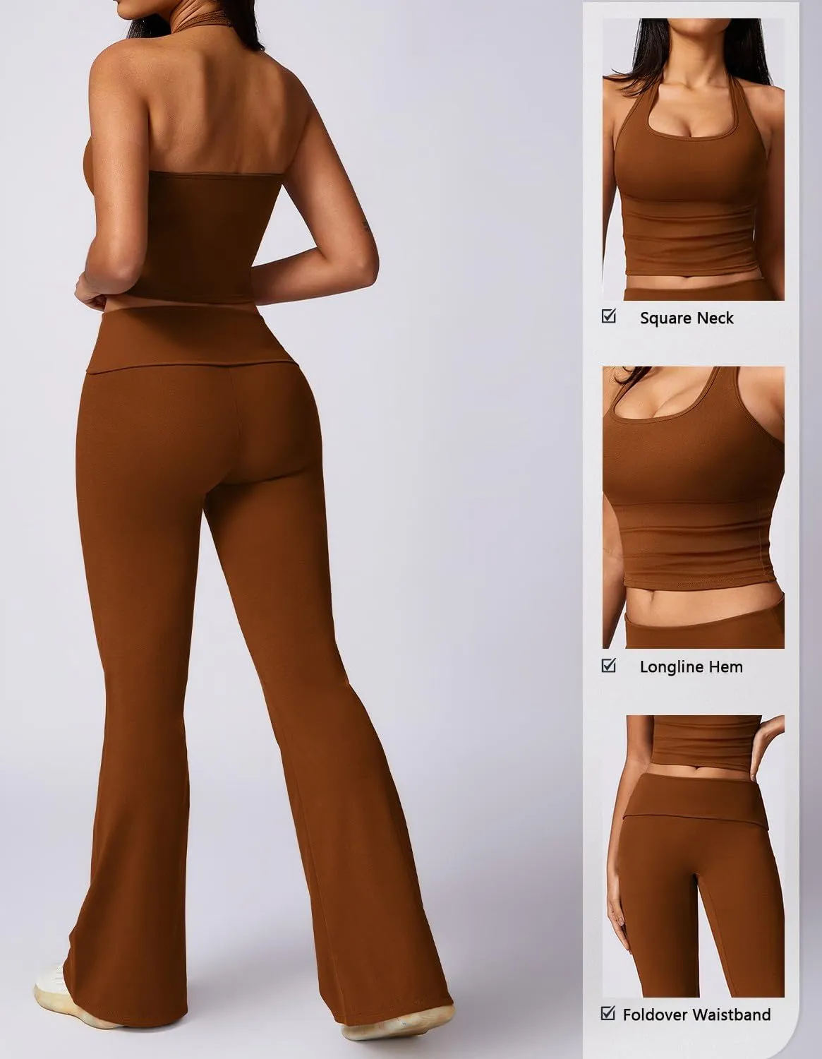 Womens 2 Piece Workout Sets Foldover Flare Pants Padded Halter Crop Tank Top Casual Outfits Tracksuit