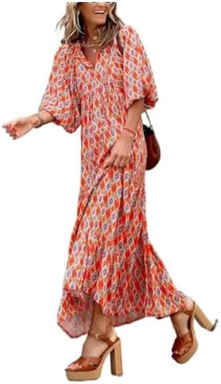 Womens 2024 Casual Boho Maxi Dresses V Neck 3/4 Puff Sleeve Geometric Pattern Smocked Ruffle Beach Long Sundress