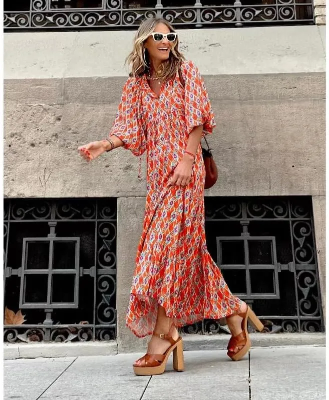 Womens 2024 Casual Boho Maxi Dresses V Neck 3/4 Puff Sleeve Geometric Pattern Smocked Ruffle Beach Long Sundress