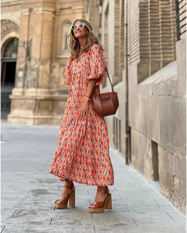 Womens 2024 Casual Boho Maxi Dresses V Neck 3/4 Puff Sleeve Geometric Pattern Smocked Ruffle Beach Long Sundress