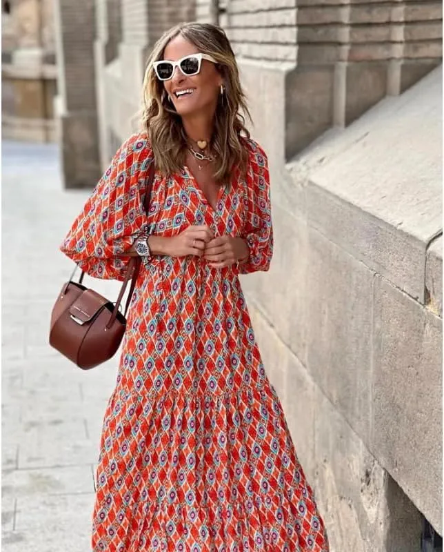Womens 2024 Casual Boho Maxi Dresses V Neck 3/4 Puff Sleeve Geometric Pattern Smocked Ruffle Beach Long Sundress
