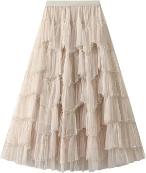 Women's A Line Tulle Party Dinner Tutu Skirt Brown Stretchy High Waisted Flared Skirt Girls Dark Skirt