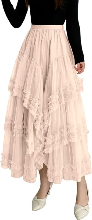 Women's A Line Tulle Party Dinner Tutu Skirt Brown Stretchy High Waisted Flared Skirt Womens Button Front Denim