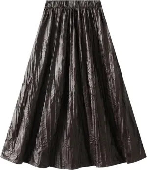 Women's Autumn Pleated High Waisted Midi Skirt Leather Skirt Long Pleated A-Line Skirt