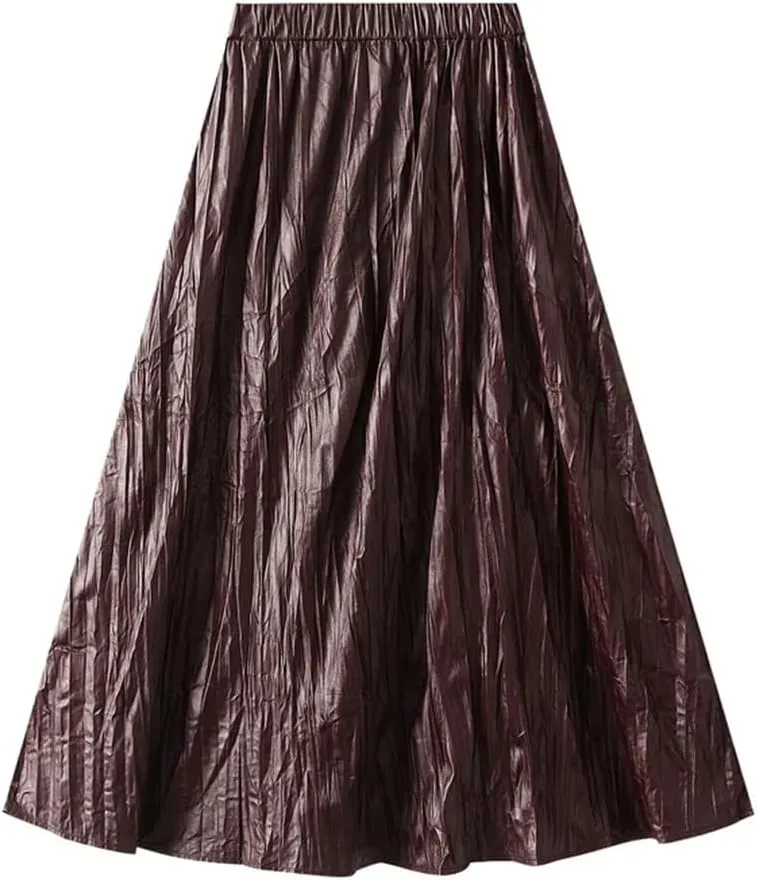 Women's Autumn Pleated High Waisted Midi Skirt Leather Skirt Long Pleated A-Line Skirt