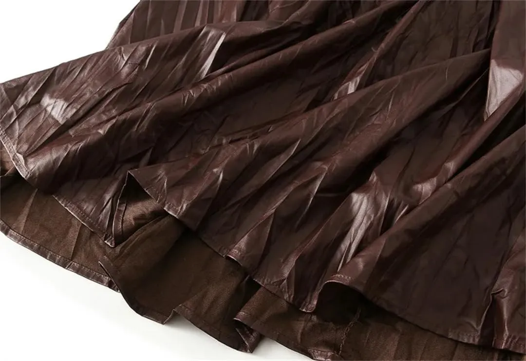 Women's Autumn Pleated High Waisted Midi Skirt Leather Skirt Long Pleated A-Line Skirt